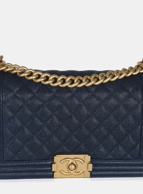 Chanel Quilted Boy Old Medium Navy Grained Calfskin Leather Shoulder Bag