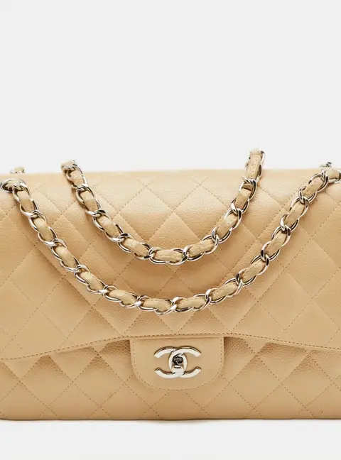 Chanel Classic Double Flap Jumbo Beige Quilted Caviar Leather Shoulder Bag