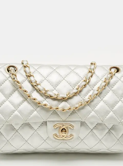 Chanel Classic Double Flap Medium Silver Quilted Leather Bag