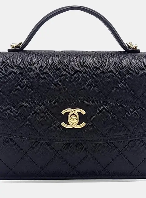 Chanel Top Handle Flap Bag Mini Black Grained Calfskin Leather Shoulder Bag