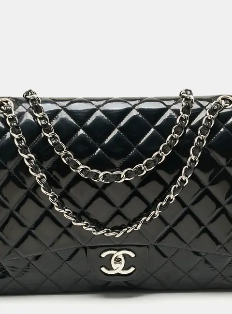 Chanel Classic Double Flap Maxi Black Quilted Patent Leather Bag