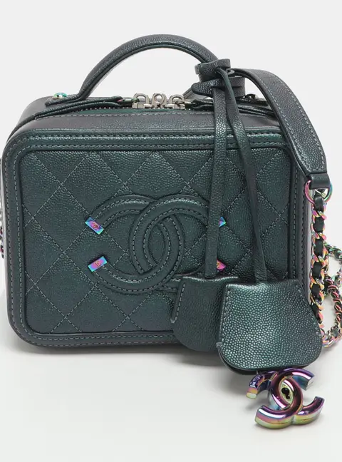 Chanel CC Filigree Vanity Case Small Iridescent Quilted Caviar Leather Bag
