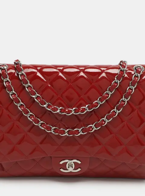 Chanel Classic Double Flap Maxi Red Quilted Patent Leather Bag