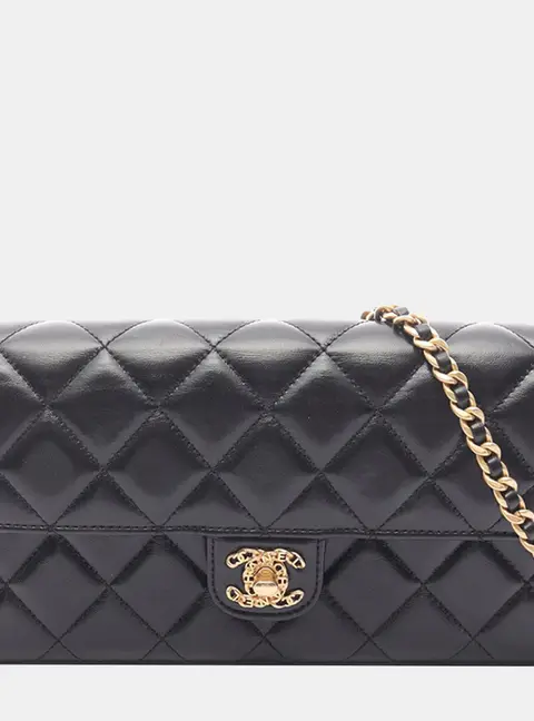 Chanel East West Single Flap Black Lambskin Leather Shoulder Bag