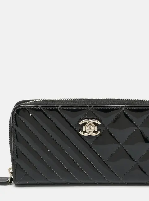Chanel CC Black Quilted Patent Leather Zip Around Wallet
