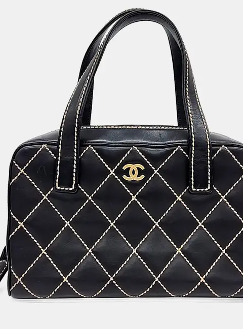 Chanel Wild Stitch Black Lambskin Leather Top Handle Bag