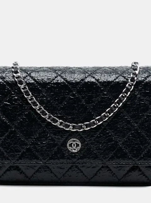 Chanel CC Black Quilted Crinkled Patent Leather Wallet on Chain