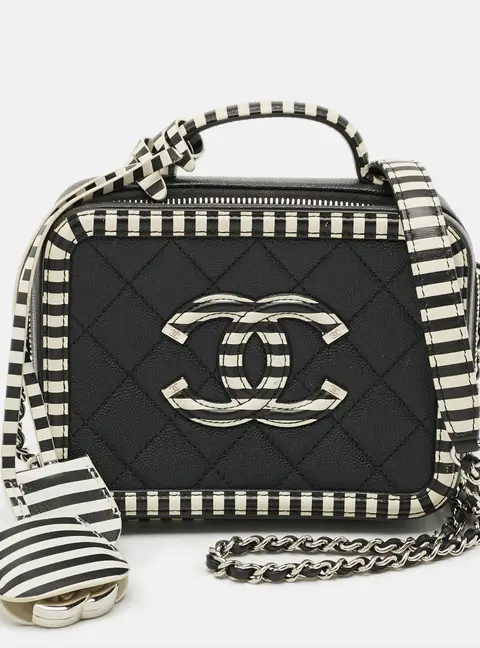 Chanel CC Filigree Striped Vanity Case Small Black/White Quilted Caviar Leather Bag