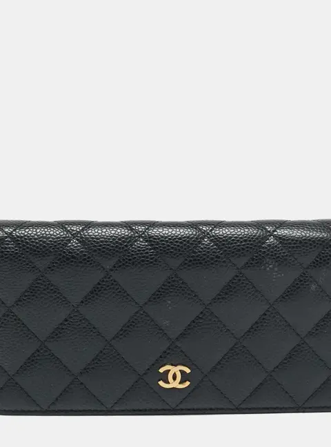 Chanel L Yen Black Caviar Quilted Leather Bifold Wallet