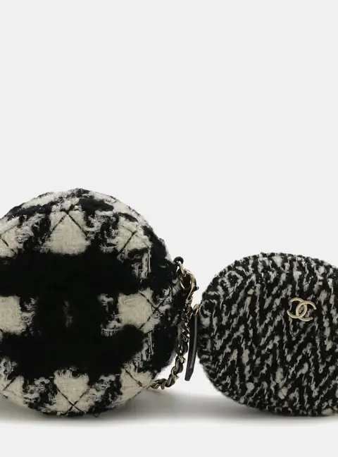 Chanel Round Chain White/Black Houndstooth Tweed Shoulder Pochette