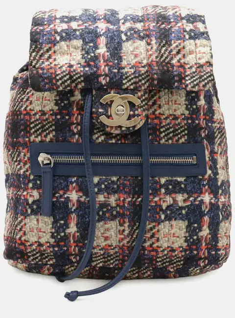 Chanel Tweed Print Coco Mark Chain Blue/Pink Nylon Backpack