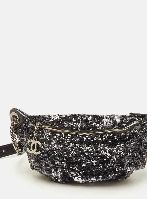 Chanel CC Metallic Black/Silver Sequins and Glazed Patent Leather Fanny Pack Waist Bag