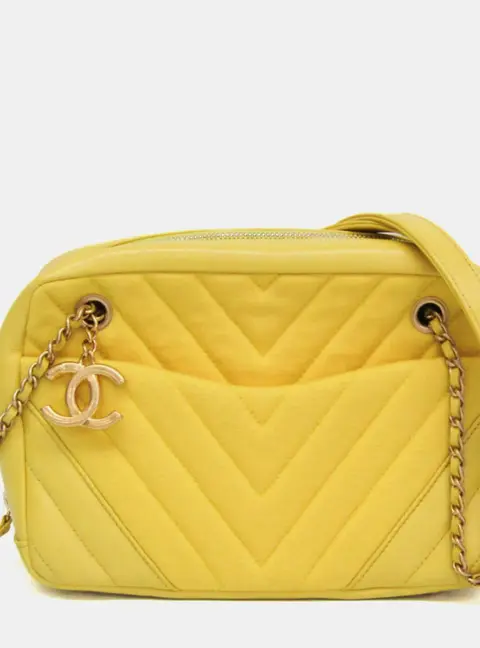 Chanel Chevron V-Stitch Yellow Leather Cotton Shoulder Bag