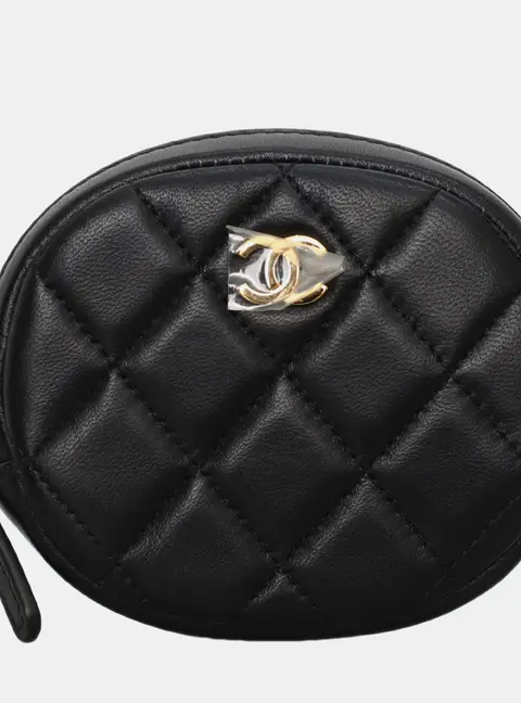 Chanel CC Round Black Lambskin Leather Coin Purse Bag