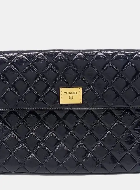 Chanel Quilted Black Patent Leather Clutch Bag