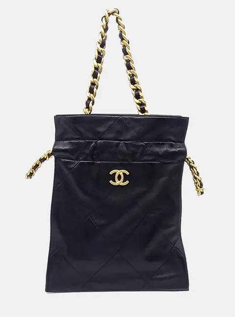 Chanel Quilted Black Lambskin Leather Bucket Bag