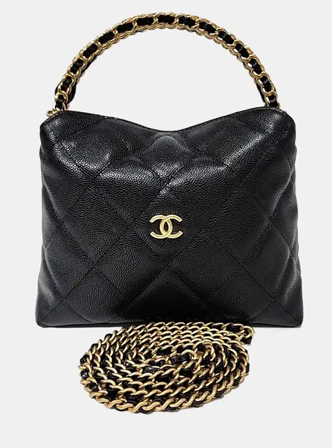 Chanel Top Handle Chain Black Grained Calfskin Leather Top Handle Bag