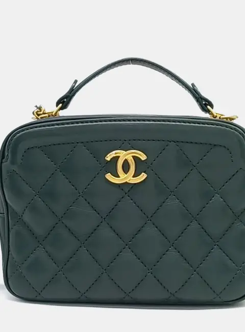Chanel Vanity Mini Dark Green Lambskin Leather Top Handle Bag