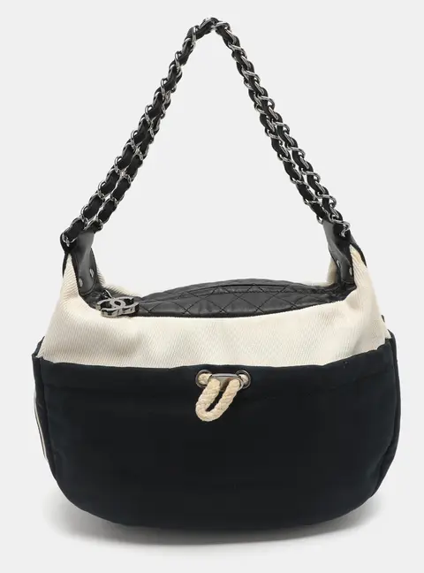 Chanel CC Navy Blue/Black Canvas and Leather Tote