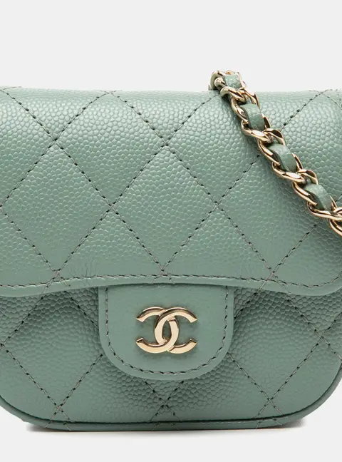Chanel Classic Single Flap Micro Mini Green Caviar Leather Crossbody Bag