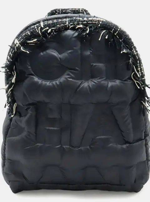 Chanel Doudoune Black Nylon Embossed Tweed Backpack Bag