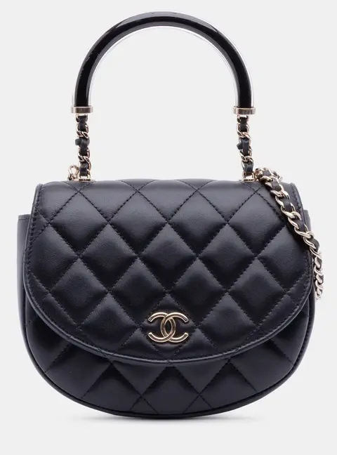 Chanel CC Half Moon Black Quilted Lambskin Leather Top Handle Flap Bag