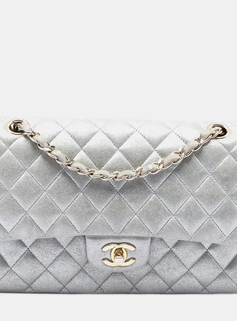 Chanel Classic Medium Silver Metallic Lambskin Leather Double Flap Bag