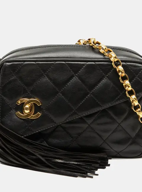 Chanel CC Tassel Mini Black Quilted Lambskin Leather Camera Bag
