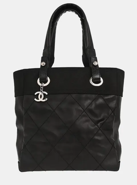 Chanel Paris Biarritz PM Black Coated Canvas Leather Tote Bag