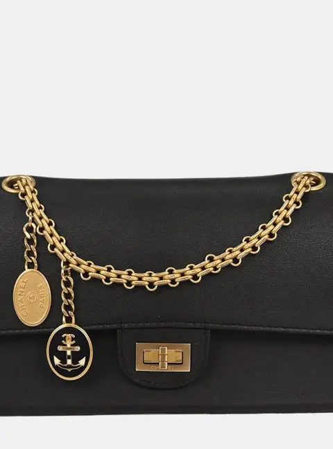 Chanel 2.55 Double Flap Medium Black Calfskin Shoulder Bag