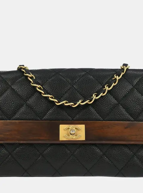 Chanel Black Calfskin Wood Straight Flap Shoulder Bag