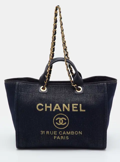 Chanel Deauville Medium Navy Blue/Black Denim and Leather Shopper Tote