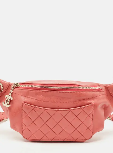 Chanel CC Coral Orange Quilted Glossy Leather Belt Bag