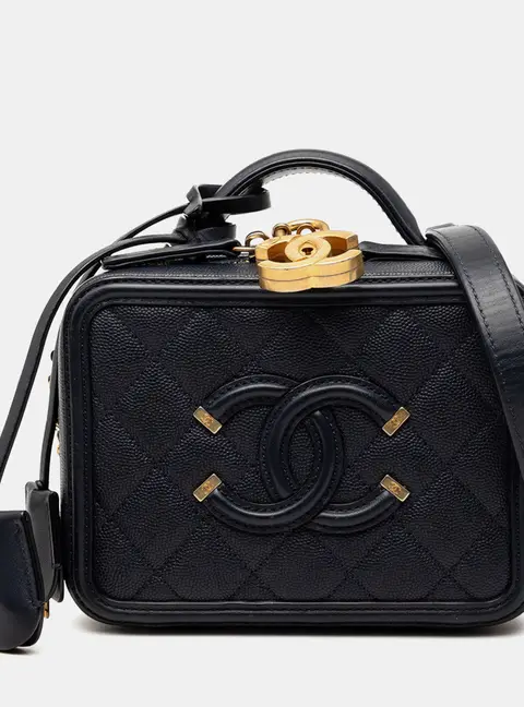 Chanel CC Filigree Small Blue Caviar Leather Vanity Case Top Handle Bag