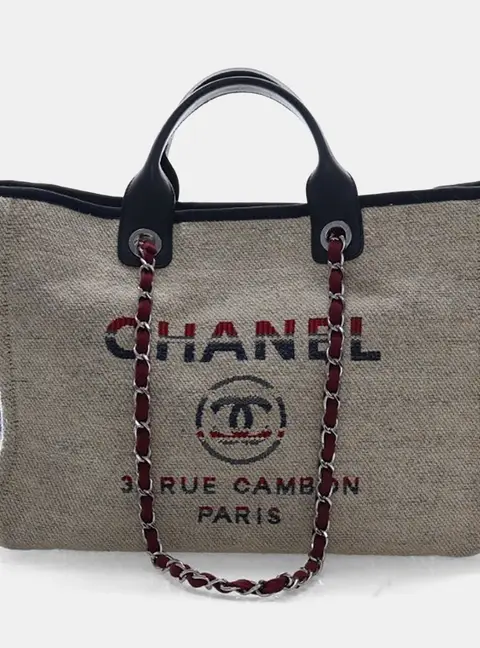 Chanel Striped Deauville Large Beige Canvas & Calf Leather Tote Bag