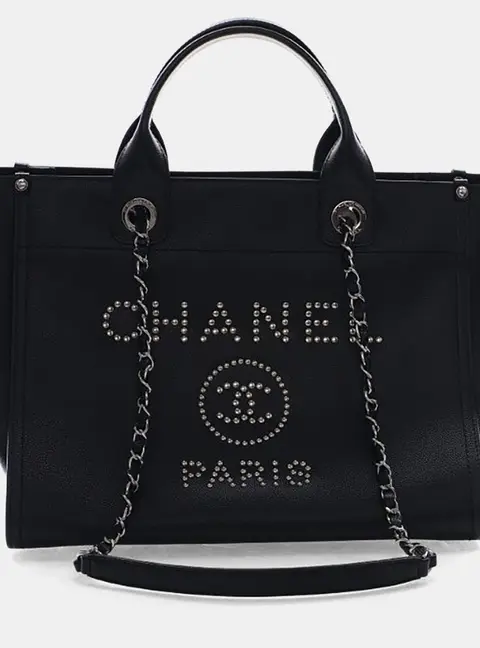 Chanel Studded Deauville Small Black Caviar Leather Tote Bag