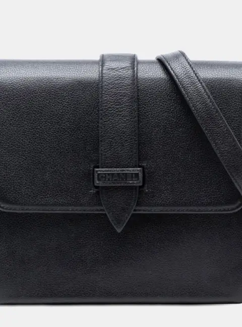 Chanel Flap Black Grained Calfskin Leather Crossbody Bag