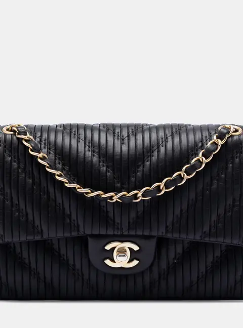 Chanel Medium Classic Double Flap Black Pleated Calfskin Leather Shoulder Bag