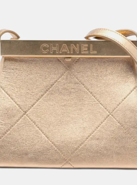 Chanel Kiss Lock Small Gold Calfskin Leather Frame Bag