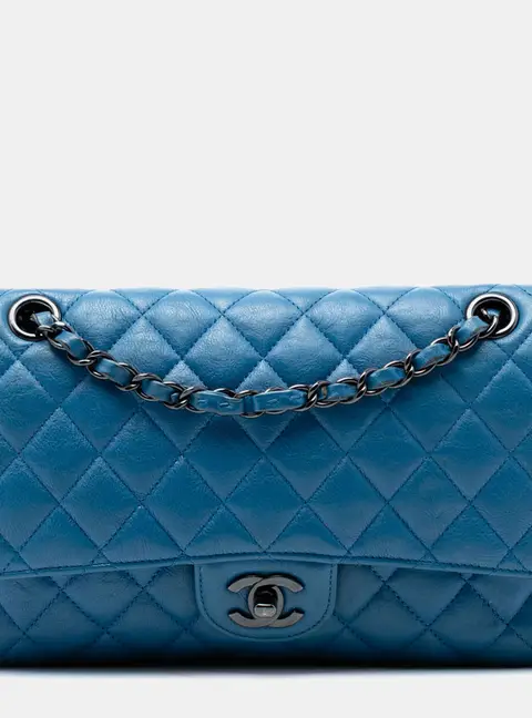 Chanel Classic Medium Blue Quilted Calfskin Leather Double Flap Bag