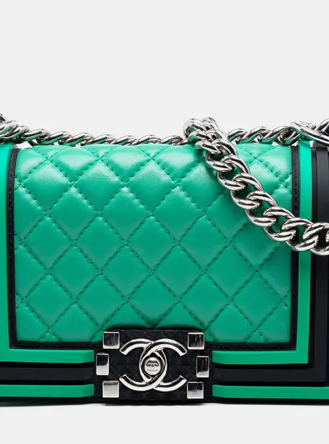 Chanel Boy Small Black/Green Quilted Lambskin & Rubber Flap Bag