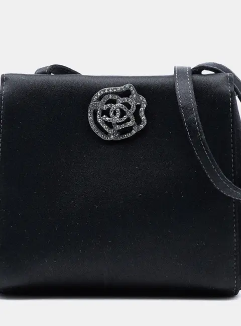 Chanel Camellia Black Satin Evening Bag