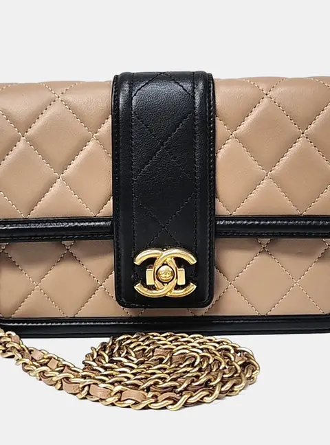 Chanel Wallet on Chain (WOC) Beige Black Calfskin Leather Crossbody Bag