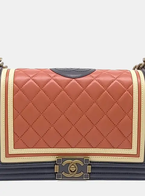 Chanel Boy Medium Orange Navy Blue Cream Quilted Leather Flap Bag