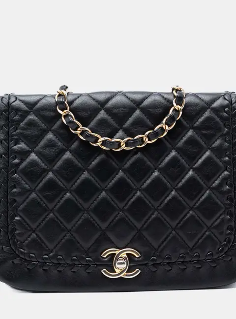 Chanel Braided Saddle Flap Black Lambskin Leather Shoulder Bag
