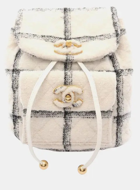 Chanel Duma Large White Wool Checkered Drawstring Backpack Bag