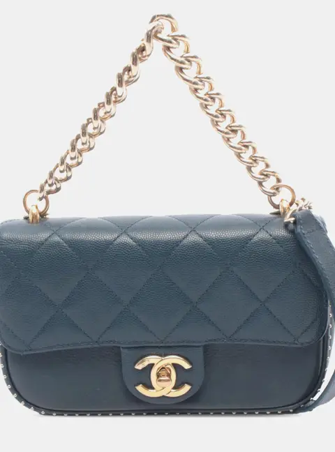 Chanel Studded Chain Handle Small Blue Caviar Leather Shoulder Bag