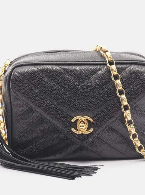 Chanel Chevron Small Black Caviar Leather Camera Bag