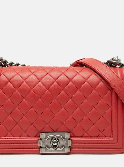Chanel Boy Old Medium Red Quilted Lambskin Leather Flap Bag