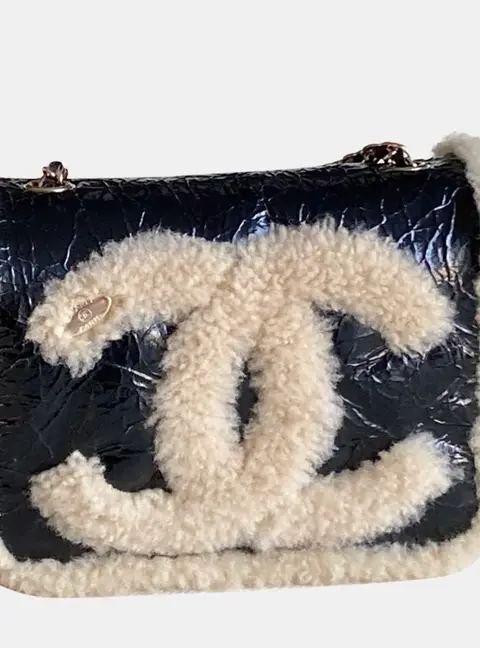 Chanel Square Mini Flap Black Patent Leather Shearling Shoulder Bag